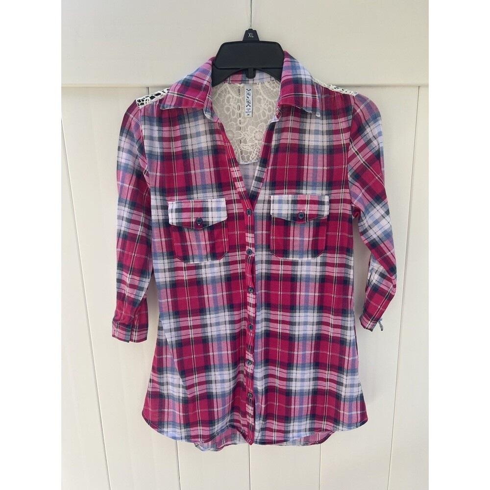 Rich And Beautiful Button Up Lace Back Plaid Multicolor 3/4 Sleeve Sz Medium
